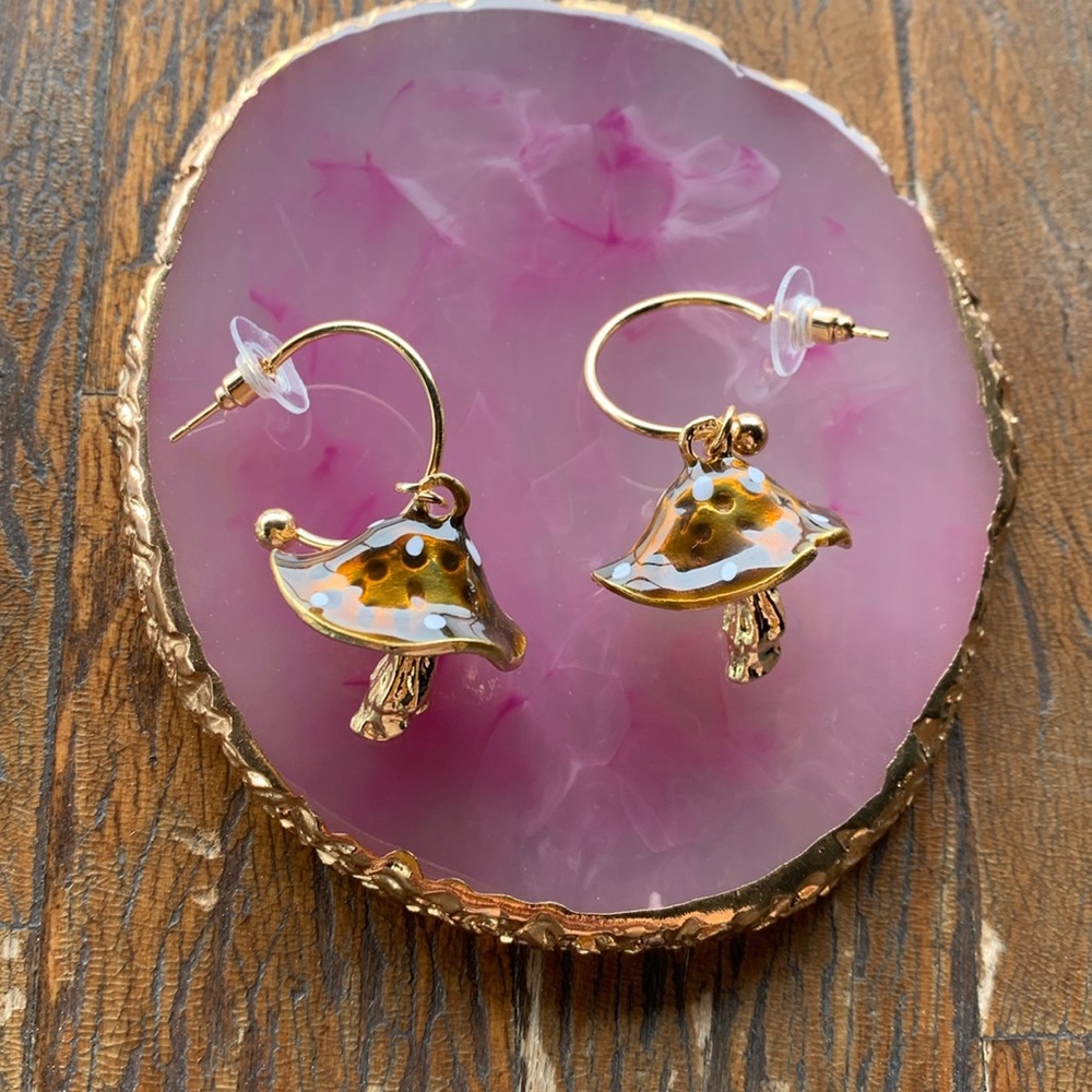 Brand New Gold & Brown Mushroom Earrings Gift for Girlfriend Gift for Daughter
